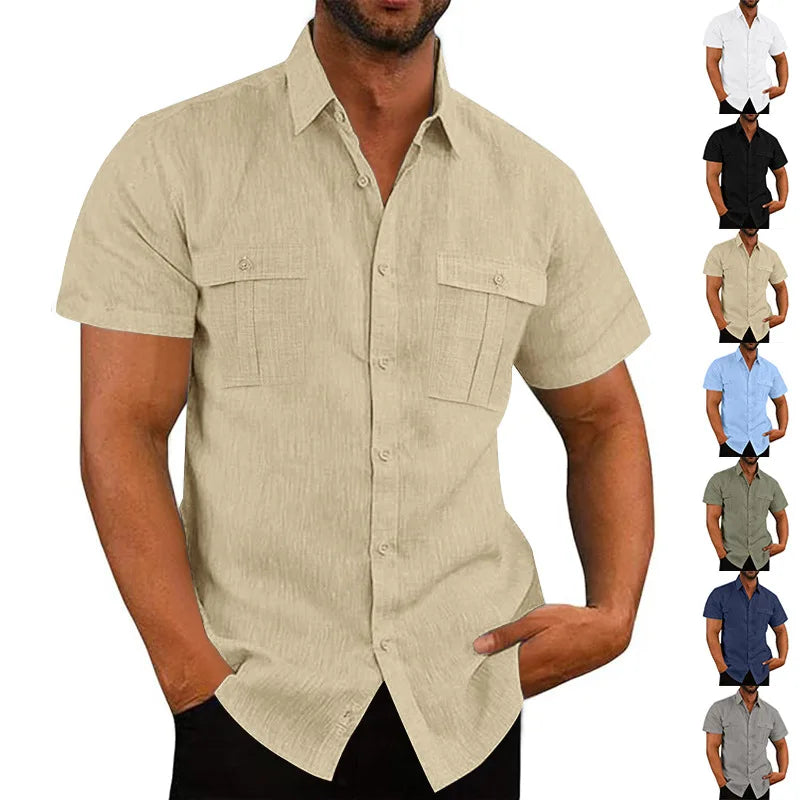 Men's Cotton Linen Short-Sleeved Shirt Summer Solid Color