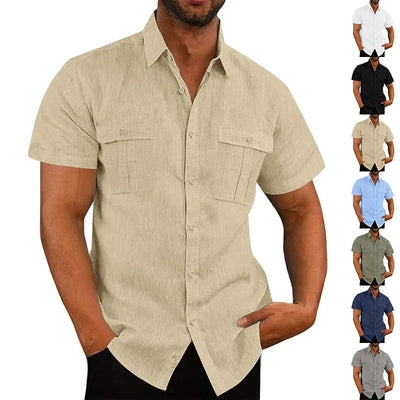 Men's Cotton Linen Short-Sleeved Shirt Summer Solid Color