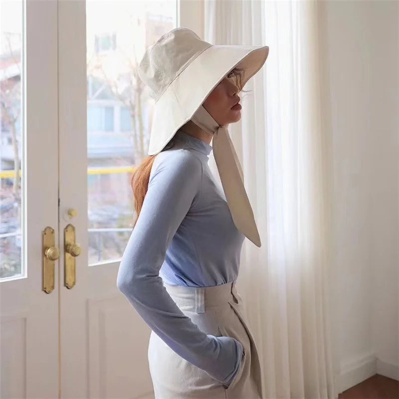 Summer Spring Japan Tie Bucket Hat Women Korean Big Brim