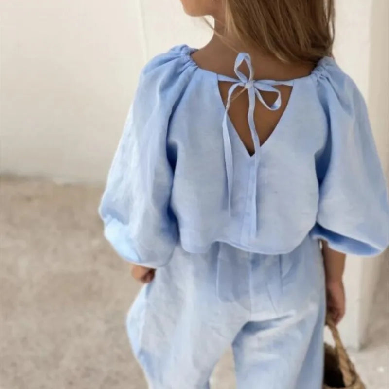 Fashion Baby Girl Linen Cotton Clothes Set Shirt