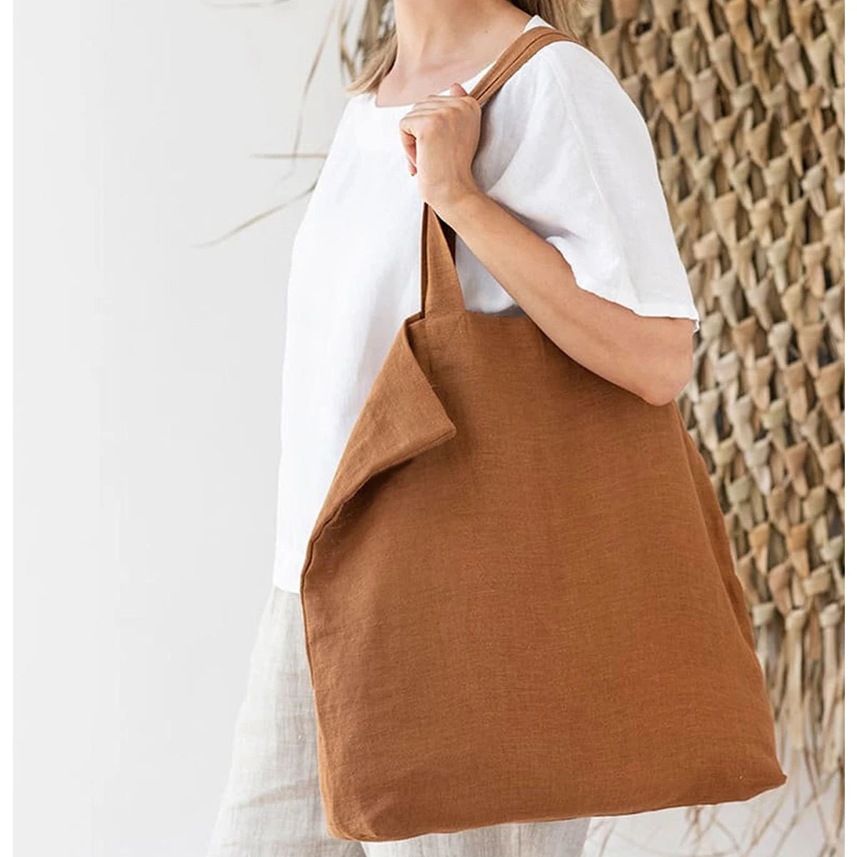 Linen 100% Pure Hemp Shoulder Bags Large Capacity Handbag Portable Shopping Bag Supermarket Environmental Cloth Pouch Women Bag