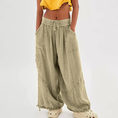 Beach Linen Pants Women Wide Leg Harem Pant High Waist Button Drawstring Palazzo Loose plus Size Pant with Pocket