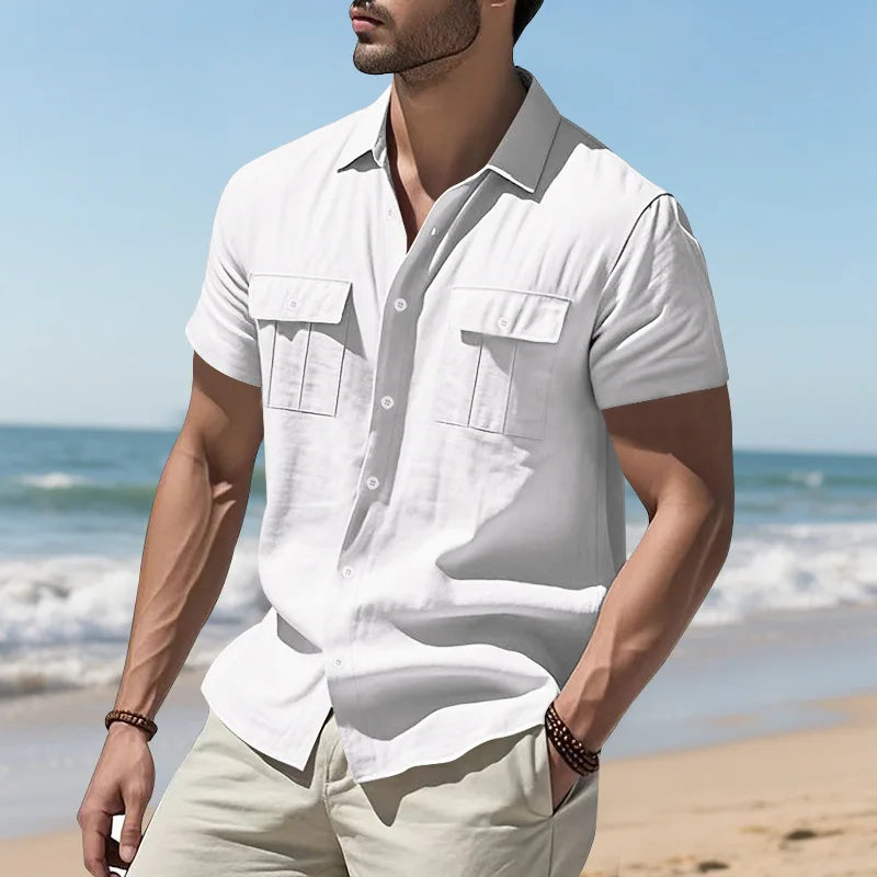 Men's Cotton Linen Short-Sleeved Shirt Summer Solid Color