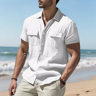 Men's Cotton Linen Short-Sleeved Shirt Summer Solid Color