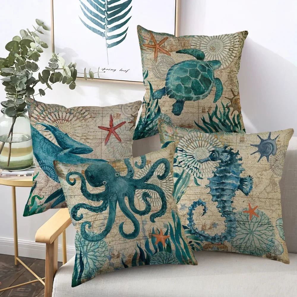 Marine Life Turtle Seahorse Whale Octopus Cushion