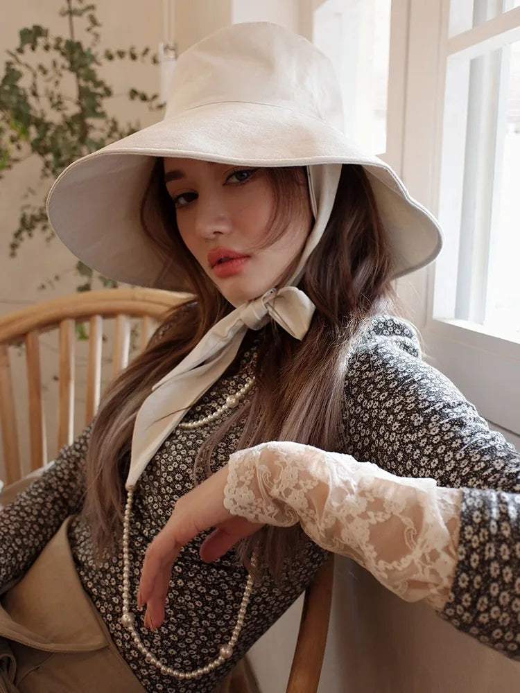 Summer Spring Japan Tie Bucket Hat Women Korean Big Brim Fisherman Hat Foldable  Sunscreen Chic Cotton Linen Beach Sun Hat