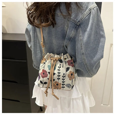 Fashion Linen Fabric Bucket Bag Floral Crossbody Bag