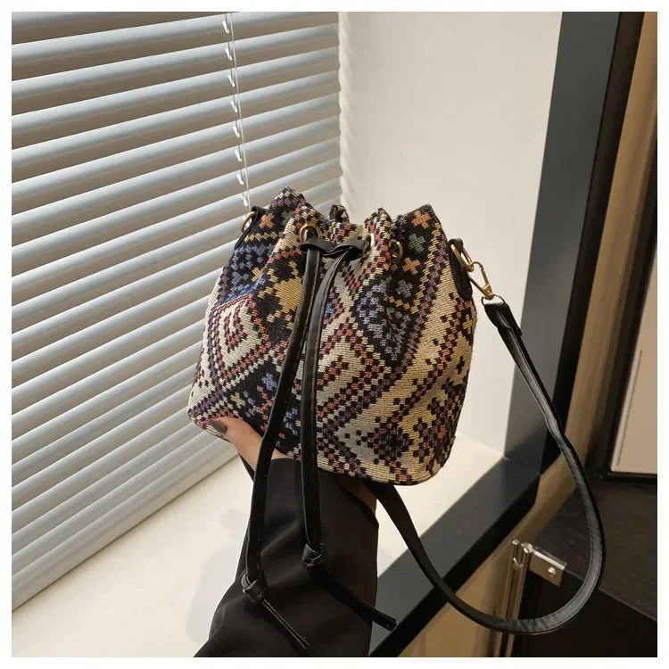 Fashion Linen Fabric Bucket Bag Floral Crossbody Bag