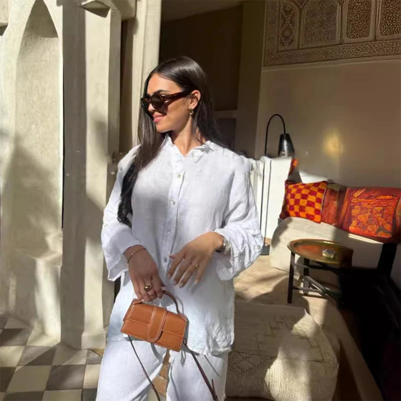 Cotton Linen Oversize Two Piece Ladies Set Casual Lapel Female Shirt Suits Wide Leg Pant Spring New In Matching Women Outfits