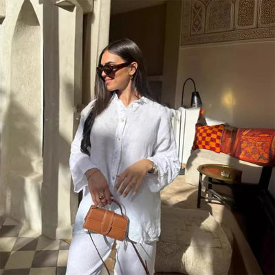 Cotton Linen Oversize Two Piece Ladies Set Casual Lapel Female Shirt Suits Wide Leg Pant Spring New In Matching Women Outfits
