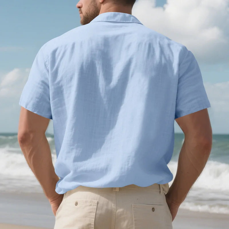 Men's Cotton Linen Short-Sleeved Shirt Summer Solid Color
