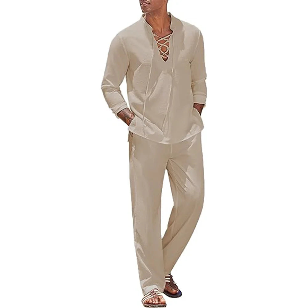 2pcs Set Men's Cotton Linen Shirt and Pants Suits