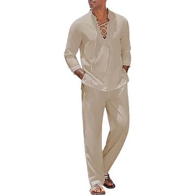 2pcs Set Men's Cotton Linen Shirt and Pants Suits