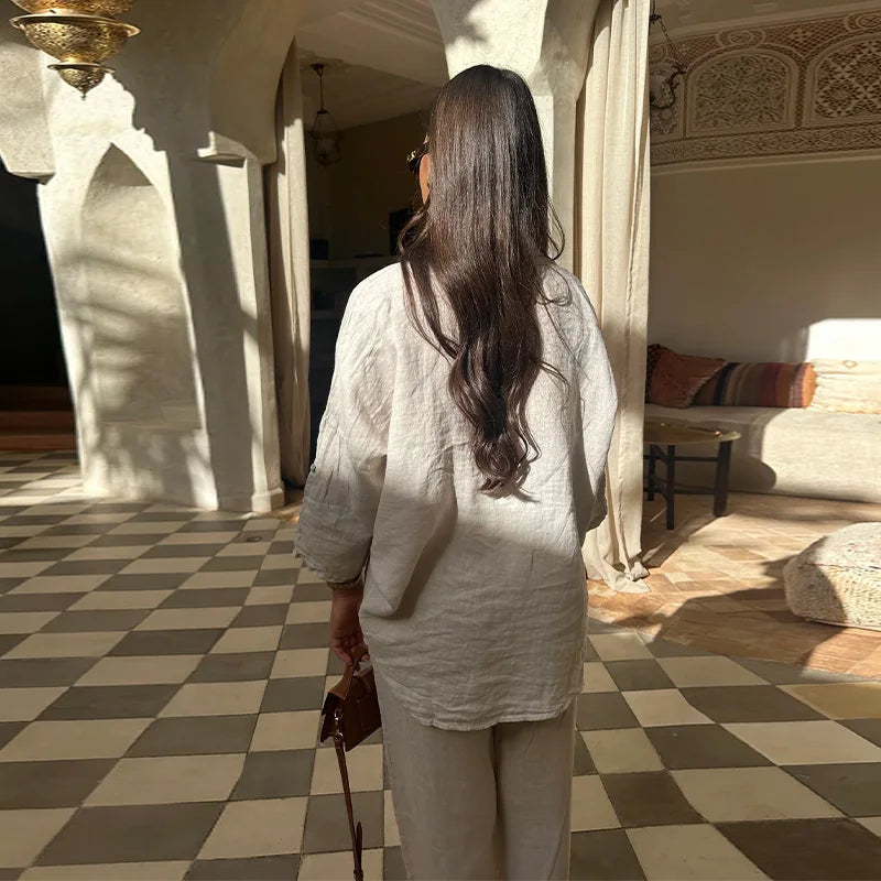 Cotton Linen Oversize Two Piece Ladies Set Casual Lapel Female Shirt Suits Wide Leg Pant Spring New In Matching Women Outfits