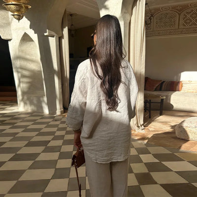 Cotton Linen Oversize Two Piece Ladies Set Casual Lapel Female Shirt Suits Wide Leg Pant Spring New In Matching Women Outfits