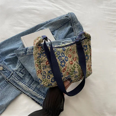 Fashion Linen Fabric Bucket Bag Floral Crossbody Bag