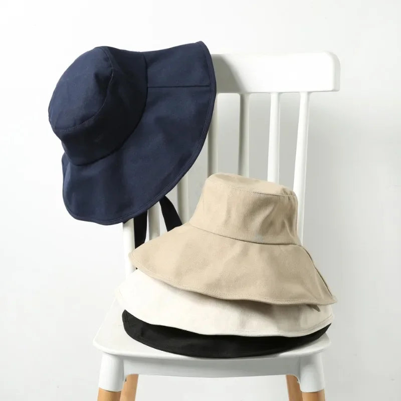 Summer Spring Japan Tie Bucket Hat Women Korean Big Brim Fisherman Hat Foldable  Sunscreen Chic Cotton Linen Beach Sun Hat
