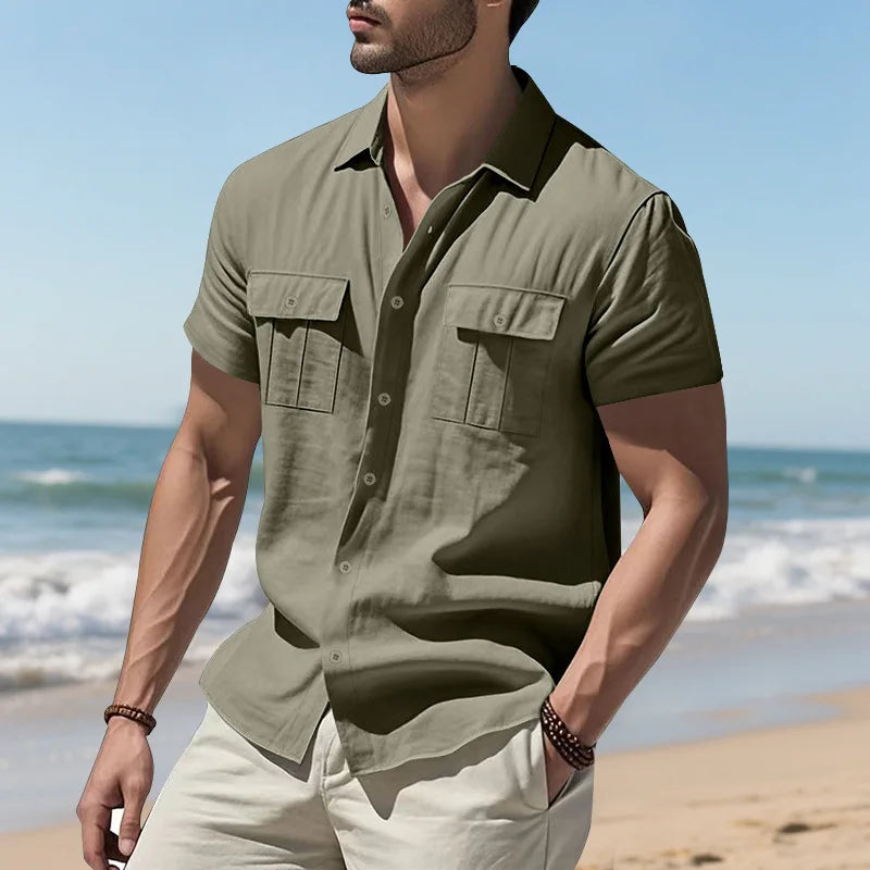 Men's Cotton Linen Short-Sleeved Shirt Summer Solid Color