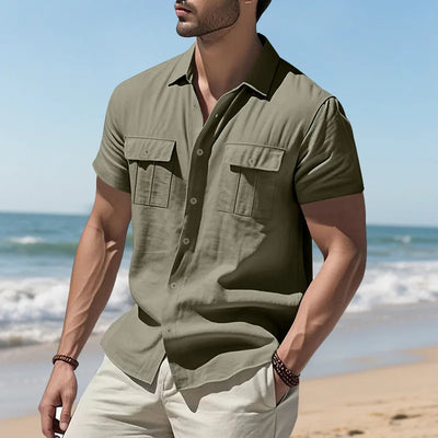 Men's Cotton Linen Short-Sleeved Shirt Summer Solid Color