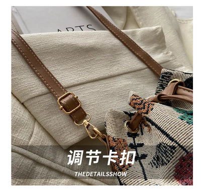 Fashion Linen Fabric Bucket Bag Floral Crossbody Bag