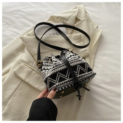 Fashion Linen Fabric Bucket Bag Floral Crossbody Bag