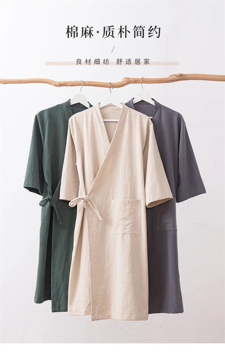Women's Kimono with Sashes Cotton Linen Solid Long Sleeve Autumn Bathrobe V Neck Japanese Style Bathrobe Loose Solid Color