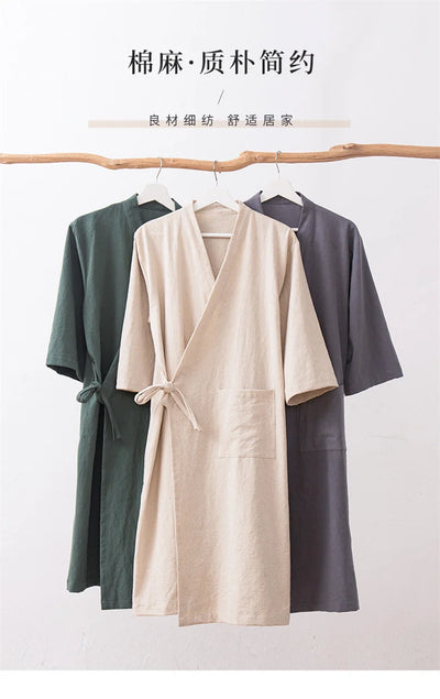 Women's Kimono with Sashes Cotton Linen Solid Long Sleeve Autumn Bathrobe V Neck Japanese Style Bathrobe Loose Solid Color