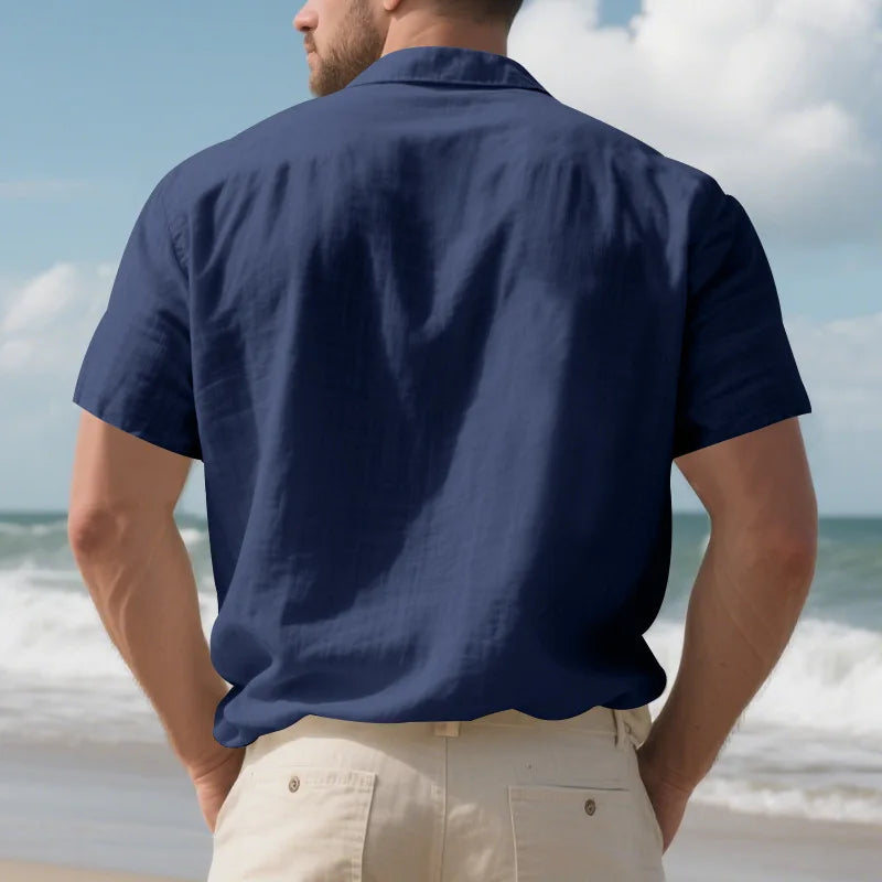 Men's Cotton Linen Short-Sleeved Shirt Summer Solid Color