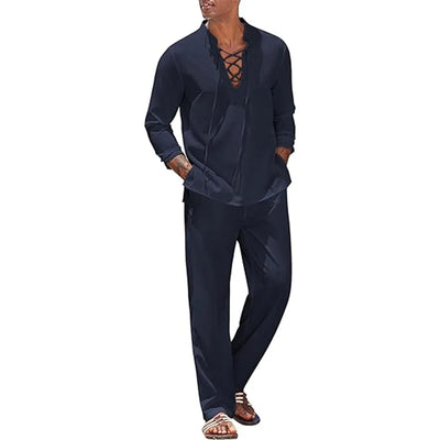 2pcs Set Men's Cotton Linen Shirt and Pants Suits