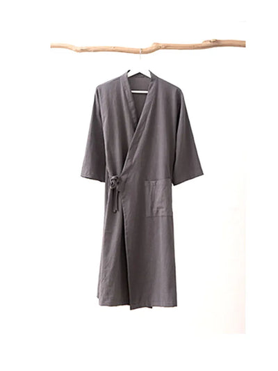 Women's Kimono with Sashes Cotton Linen Solid Long Sleeve Autumn Bathrobe V Neck Japanese Style Bathrobe Loose Solid Color