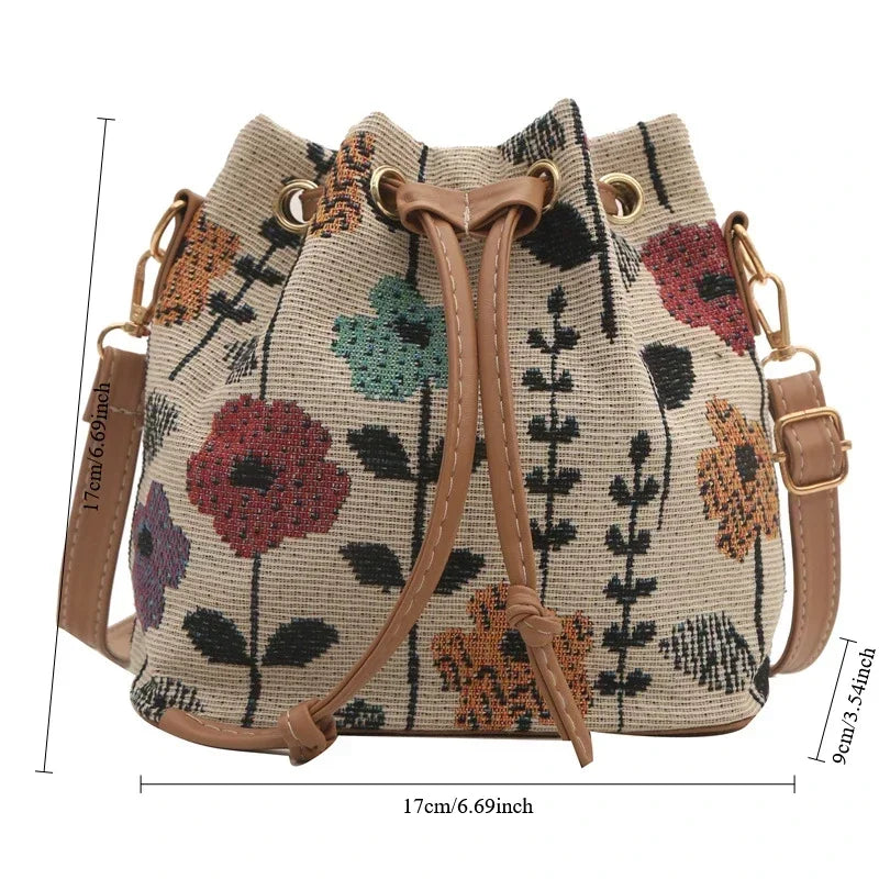 Fashion Linen Fabric Bucket Bag Floral Crossbody Bag