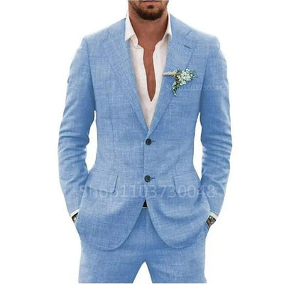 Casual 2 Piece Beige Blue Linen Men Suits Notch