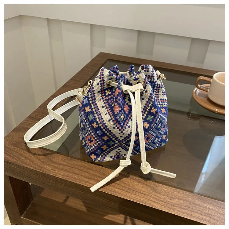 Fashion Linen Fabric Bucket Bag Floral Crossbody Bag