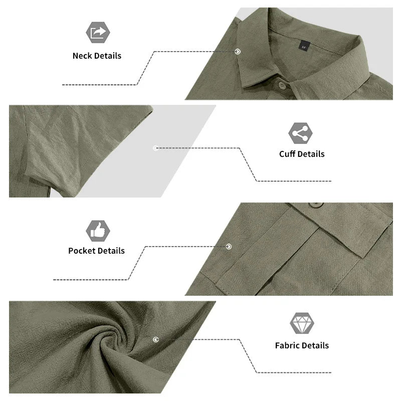 Men's Cotton Linen Short-Sleeved Shirt Summer Solid Color