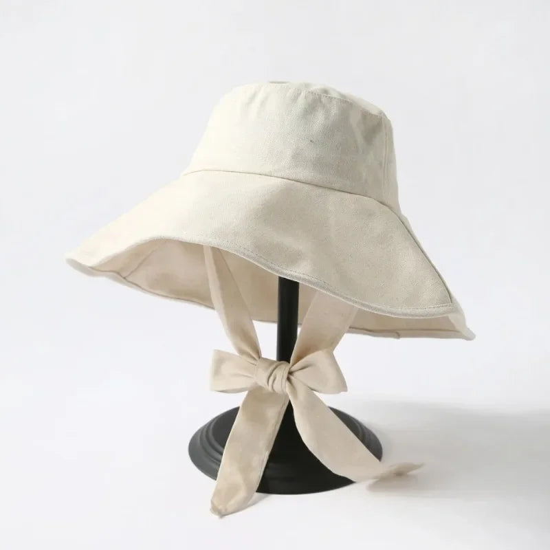 Summer Spring Japan Tie Bucket Hat Women Korean Big Brim Fisherman Hat Foldable  Sunscreen Chic Cotton Linen Beach Sun Hat