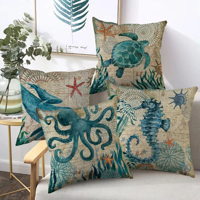 Marine Life Turtle Seahorse Whale Octopus Cushion