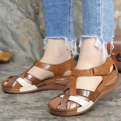 Women’s summer wedge sandals brown and beige low platform casual shoes with hook and loop strap