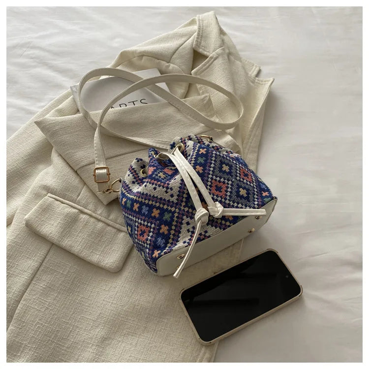 Fashion Linen Fabric Bucket Bag Floral Crossbody Bag
