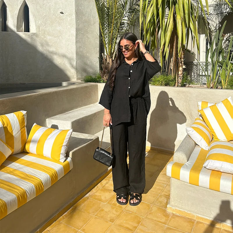 Cotton Linen Oversize Two Piece Ladies Set Casual Lapel Female Shirt Suits Wide Leg Pant Spring New In Matching Women Outfits