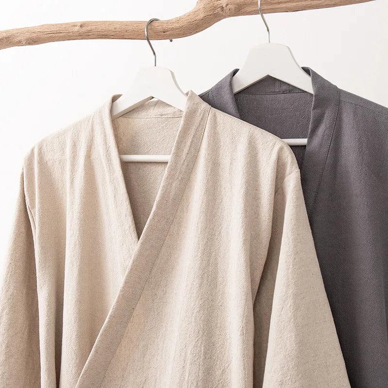 Women's Kimono with Sashes Cotton Linen Solid Long Sleeve Autumn Bathrobe V Neck Japanese Style Bathrobe Loose Solid Color