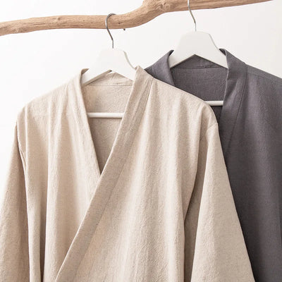 Women's Kimono with Sashes Cotton Linen Solid Long Sleeve Autumn Bathrobe V Neck Japanese Style Bathrobe Loose Solid Color