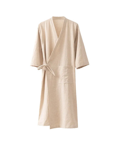 Women's Kimono with Sashes Cotton Linen Solid Long Sleeve Autumn Bathrobe V Neck Japanese Style Bathrobe Loose Solid Color