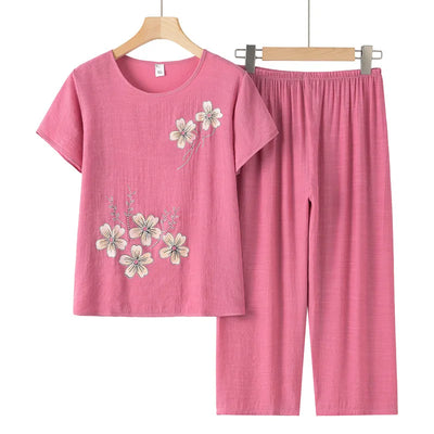 Grandma's Summer Home Suit Printed Middle Aged Mother Pajamas Short Sleeved Cotton Linen Sleepwear Women Two-Piece Set XL-4XL
