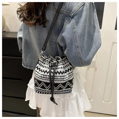 Fashion Linen Fabric Bucket Bag Floral Crossbody Bag