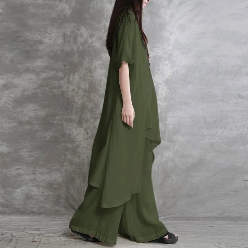 Women Cotton Linen Pant Sets 2 Pieces Casual Half Sleeve Solid Loose Blouse&High Elastic Waist Wide Leg Full Trousers Suits