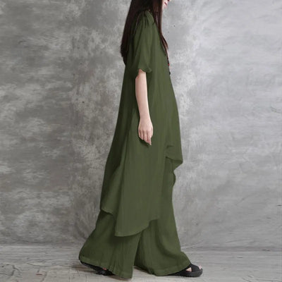 Women Cotton Linen Pant Sets 2 Pieces Casual Half Sleeve Solid Loose Blouse&High Elastic Waist Wide Leg Full Trousers Suits