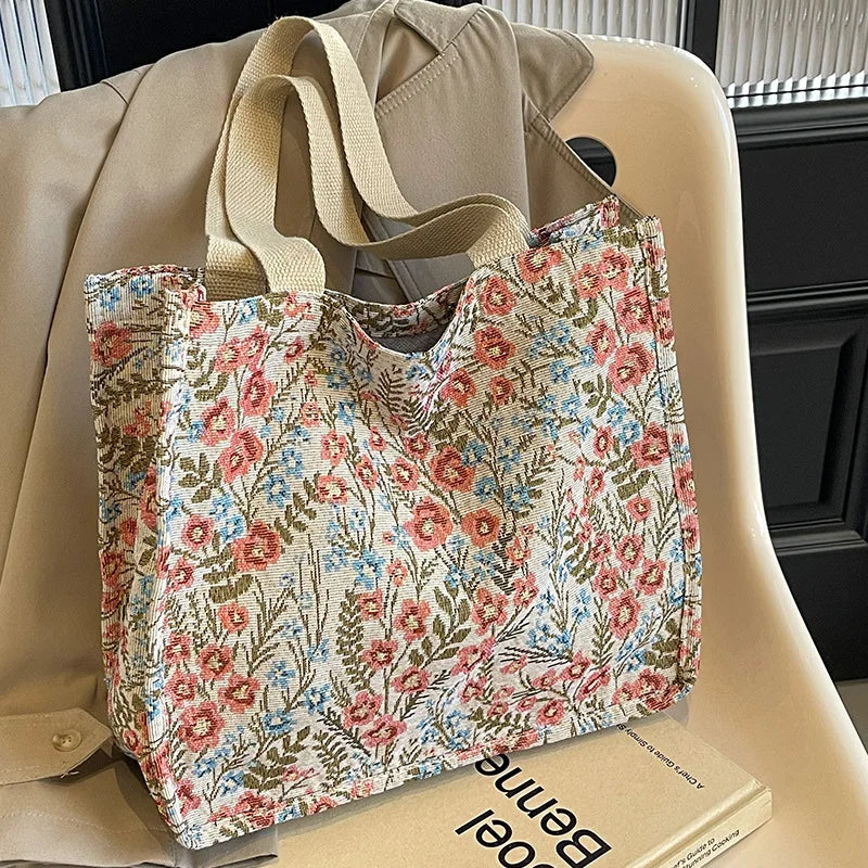 Ladies Shopping Bag Flower Pattern Flax Tote Bag