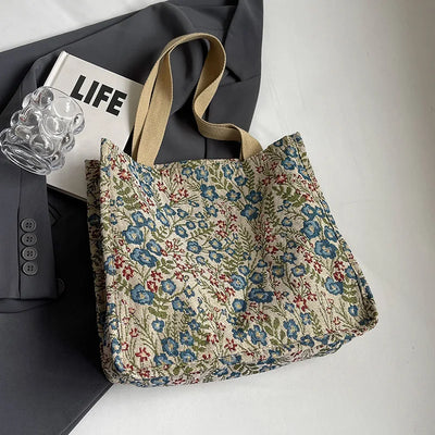 Ladies Shopping Bag Flower Pattern Flax Tote Bag