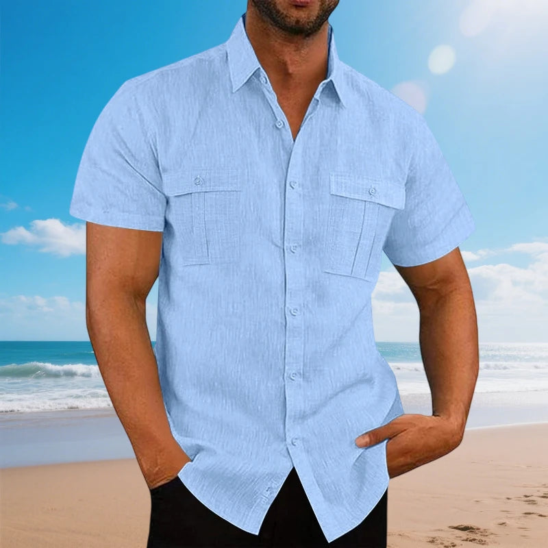 Men's Cotton Linen Short-Sleeved Shirt Summer Solid Color