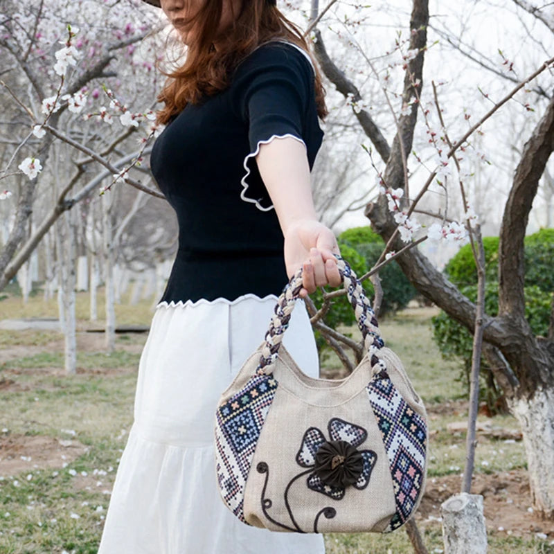 Vintage Linen Handbag for Women National Style Handle Bag